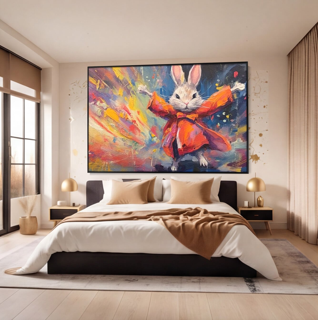 Tablou canvas cu tablou canvas cu iepuras magician colorat, in rama de aluminiu negru, pe perete intr-un dormitor